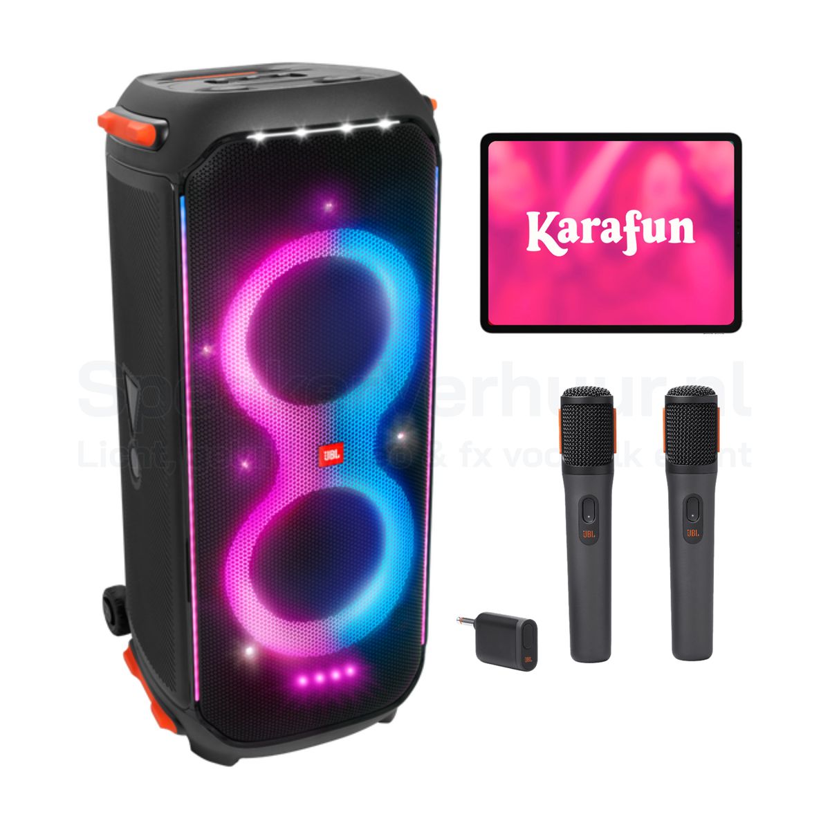 JBL PartyBox Karaoke Set met KaraFun iPad 50 Personen Huren | JBL PartyBox 710 | SpeakerVerhuur.nl JBL PartyBox karaoke set met KaraFun iPad voor 50 personen huren inclusief JBL PartyBox 710 en draadloze microfoons voor feesten, verjaardagen en evenementen