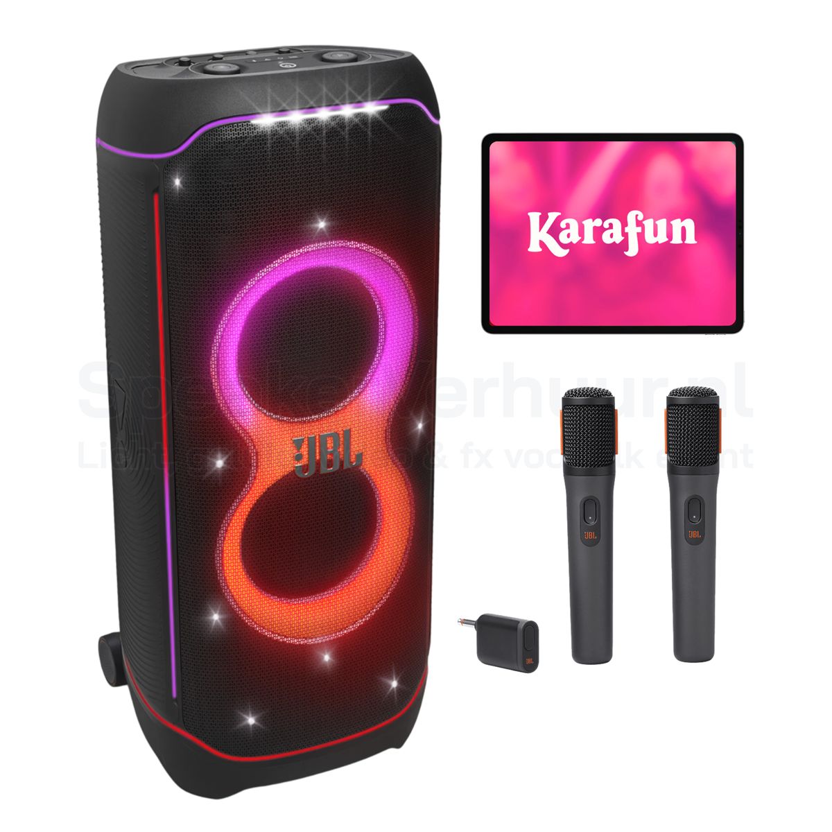 JBL PartyBox Karaoke Set met KaraFun iPad 75 Personen Huren | 2x JBL PartyBox Ultimate | SpeakerVerhuur.nl JBL PartyBox karaoke set met KaraFun iPad voor 75 personen huren inclusief 2x JBL PartyBox Ultimate en JBL draadloze microfoons voor feesten, verjaardagen en evenementen