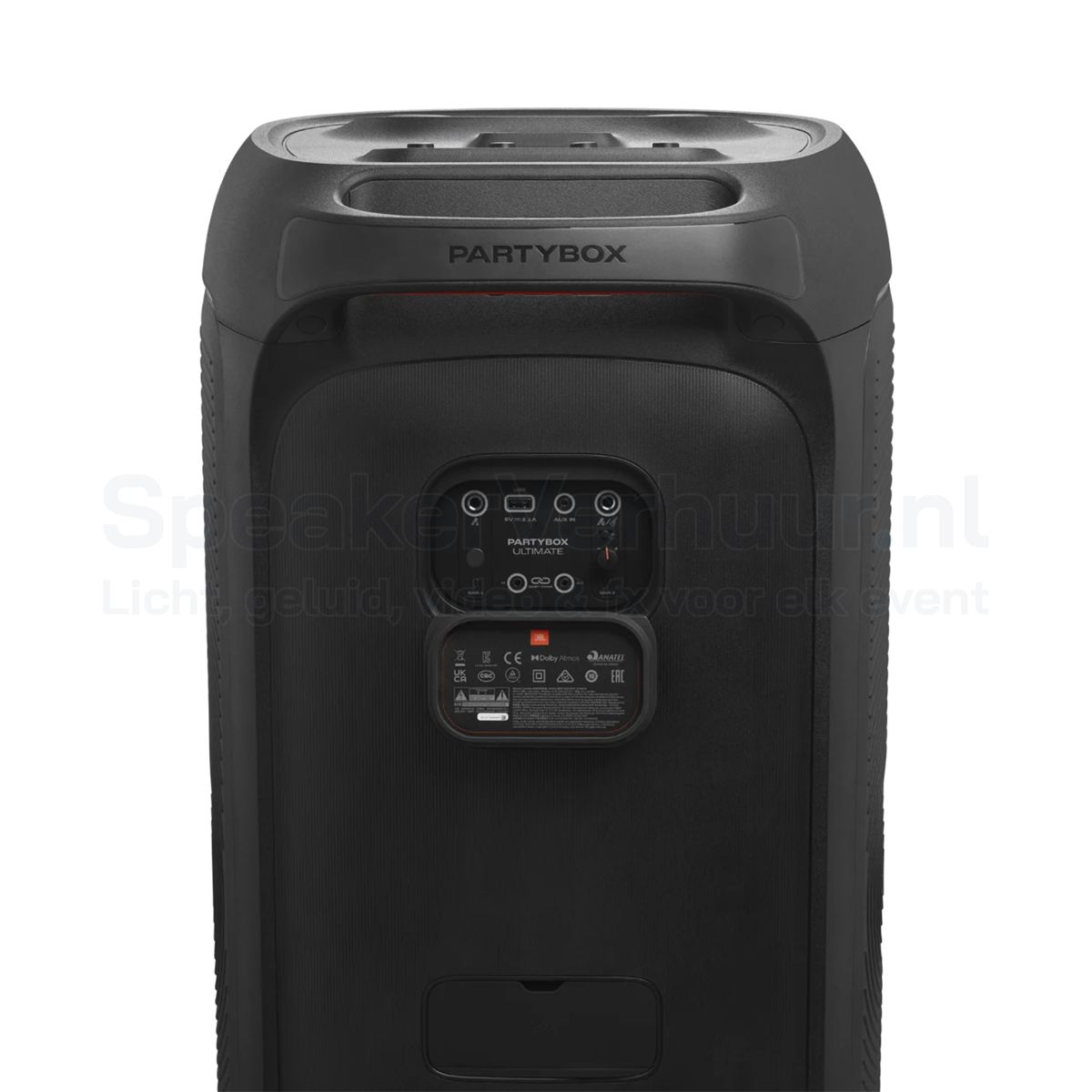 Aansluitingen van de JBL PartyBox Ultimate met microfoon-, gitaar- en AUX-ingangen, USB-poort en professionele aansluitmogelijkheden.