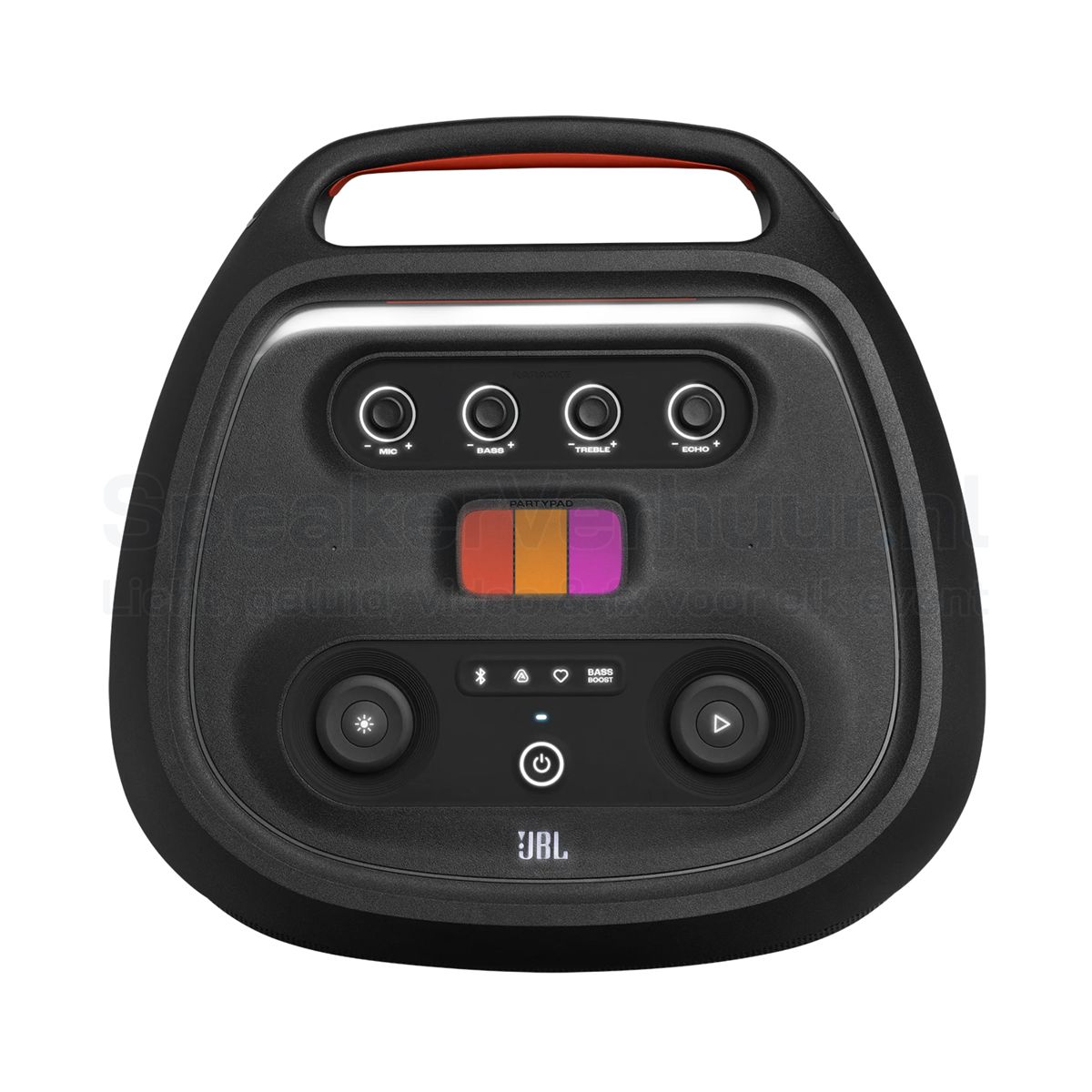Bovenzijde van de JBL PartyBox Ultimate met overzichtelijk bedieningspaneel voor volume, lichteffecten en audiobediening.