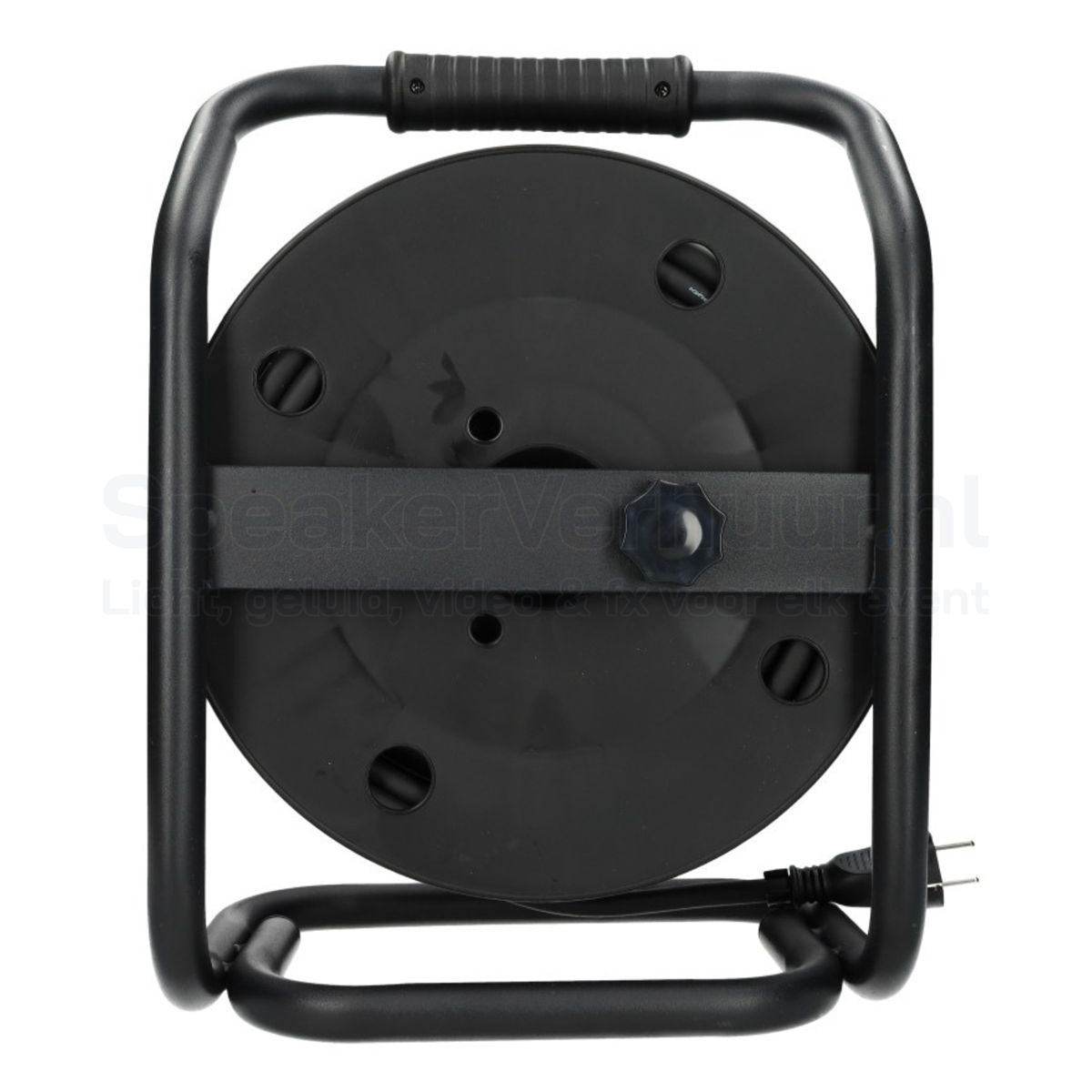 Kabelhaspel 40 meter IP44 3x2,5mm² achterkant huren | SpeakerVerhuur.nl Achterzijde van een 40 meter kabelhaspel met IP44-bescherming, 3x2,5mm² stroomkabel, ergonomische handgreep en stevige haspelconstructie voor professioneel gebruik.