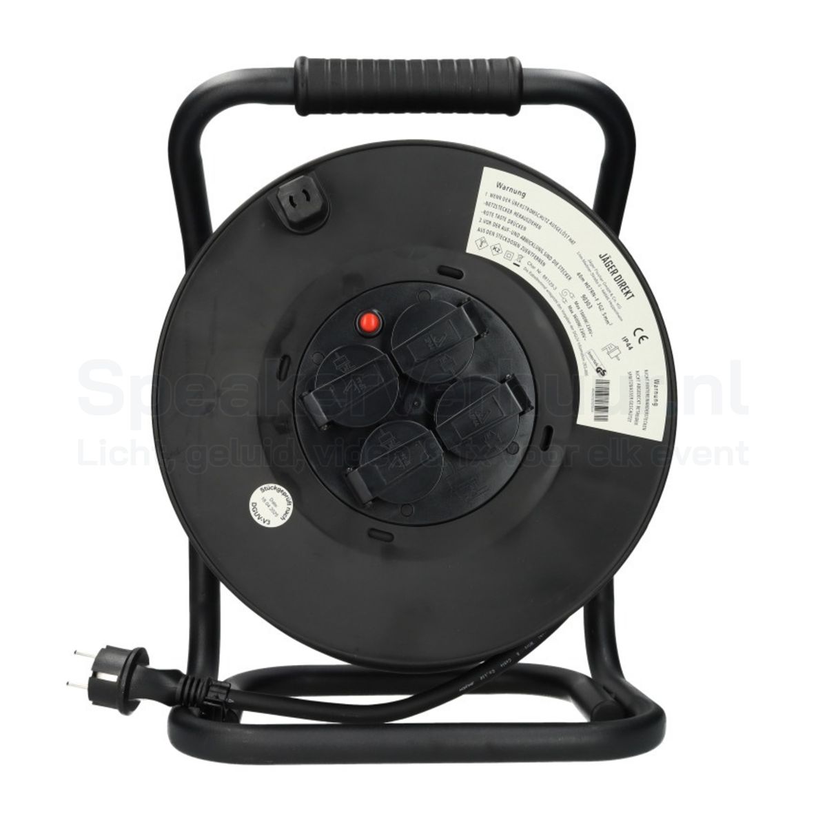 Kabelhaspel 40 meter IP44 3x2,5mm² voorkant huren | SpeakerVerhuur.nl Vooraanzicht van een 40 meter kabelhaspel met IP44-bescherming, 3x2,5mm² stroomkabel en meerdere spatwaterdichte stopcontacten voor professioneel gebruik tijdens evenementen en producties.