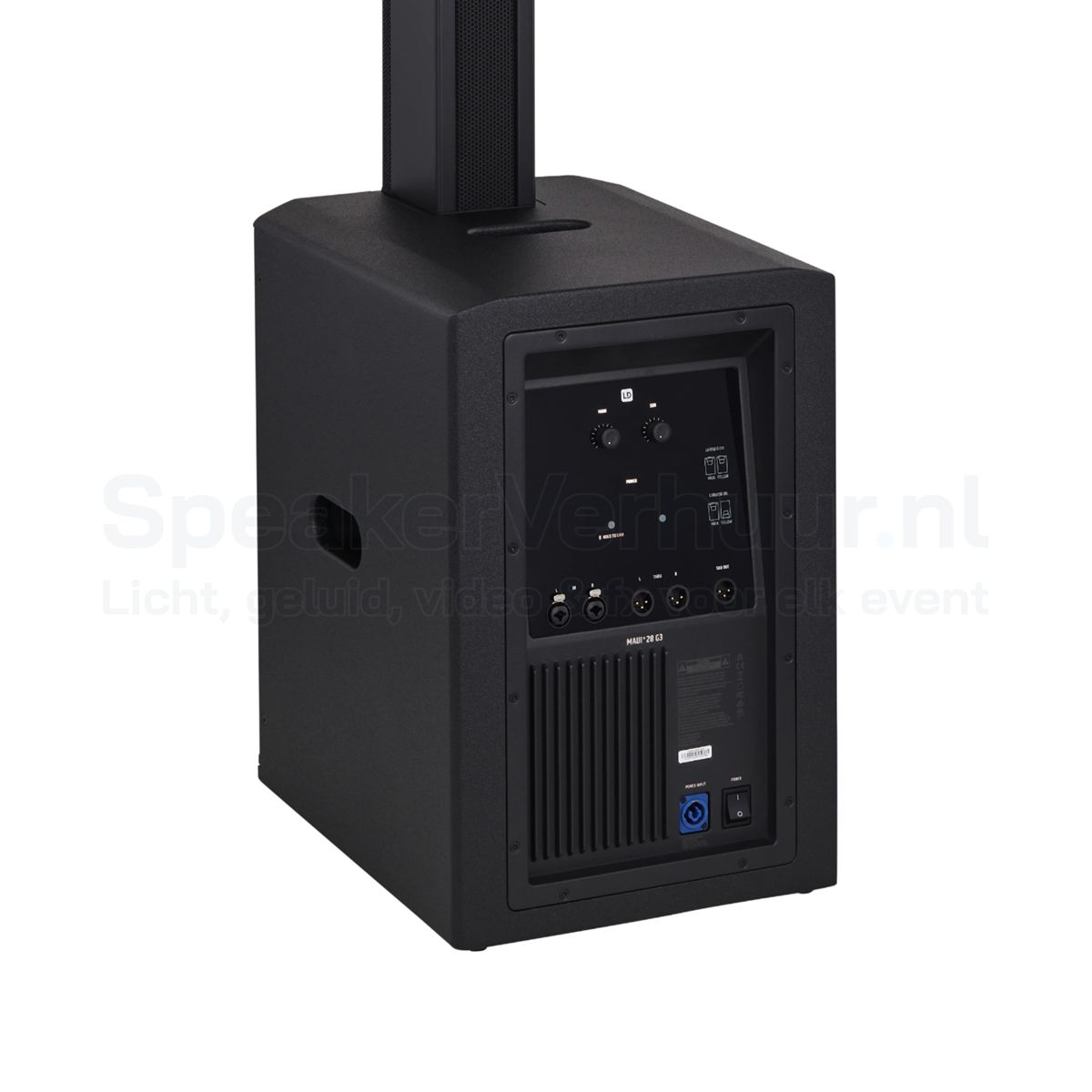 LD Systems MAUI 28 G3 aansluitingen huren | SpeakerVerhuur.nl Achterzijde van de LD Systems MAUI 28 G3 met XLR-, jack- en netvoedingsaansluitingen voor professionele audioverbindingen en eenvoudige installatie.