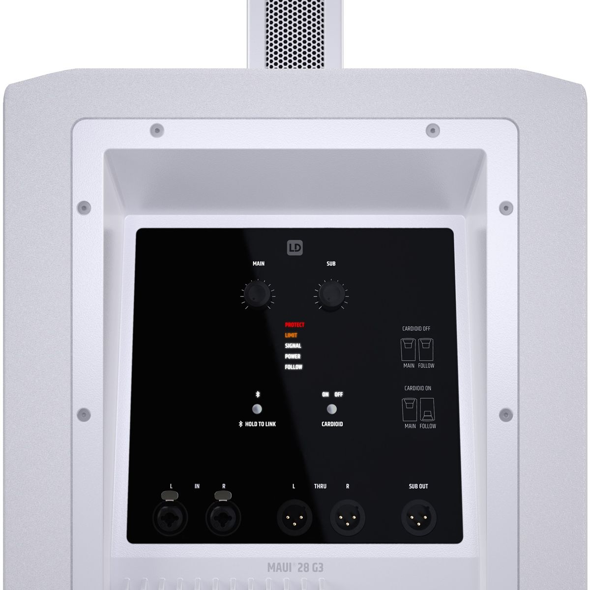 LD Systems MAUI 28 G3 wit aansluitingen Aansluitingen en bedieningspaneel van de witte LD Systems MAUI 28 G3 actieve speaker