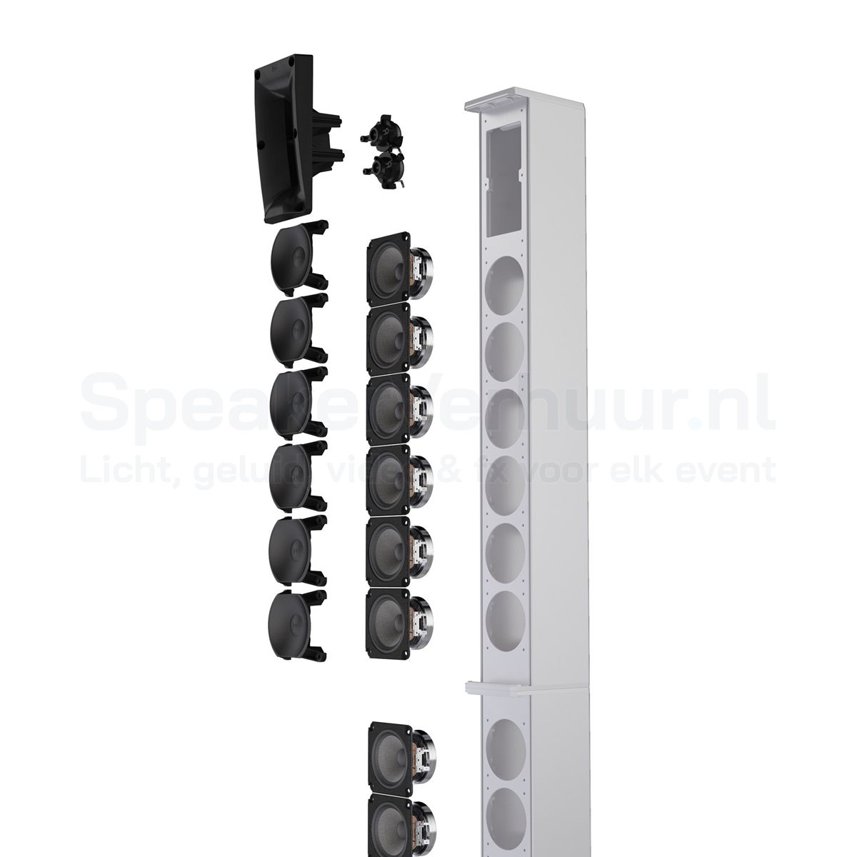 LD Systems MAUI 28 G3 wit exploded view Exploded view van de witte LD Systems MAUI 28 G3 met kolomdelen en subwoofer