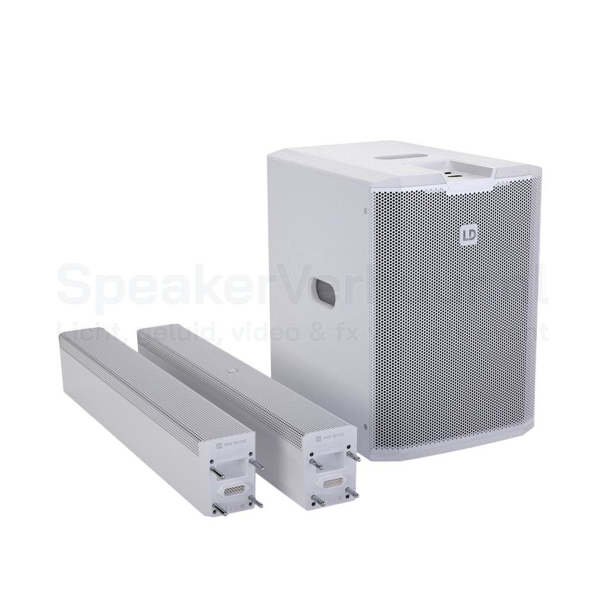 LD Systems MAUI 28 G3 wit zij- en voorkant Zij- en voorkant van de witte LD Systems MAUI 28 G3 actieve column speaker