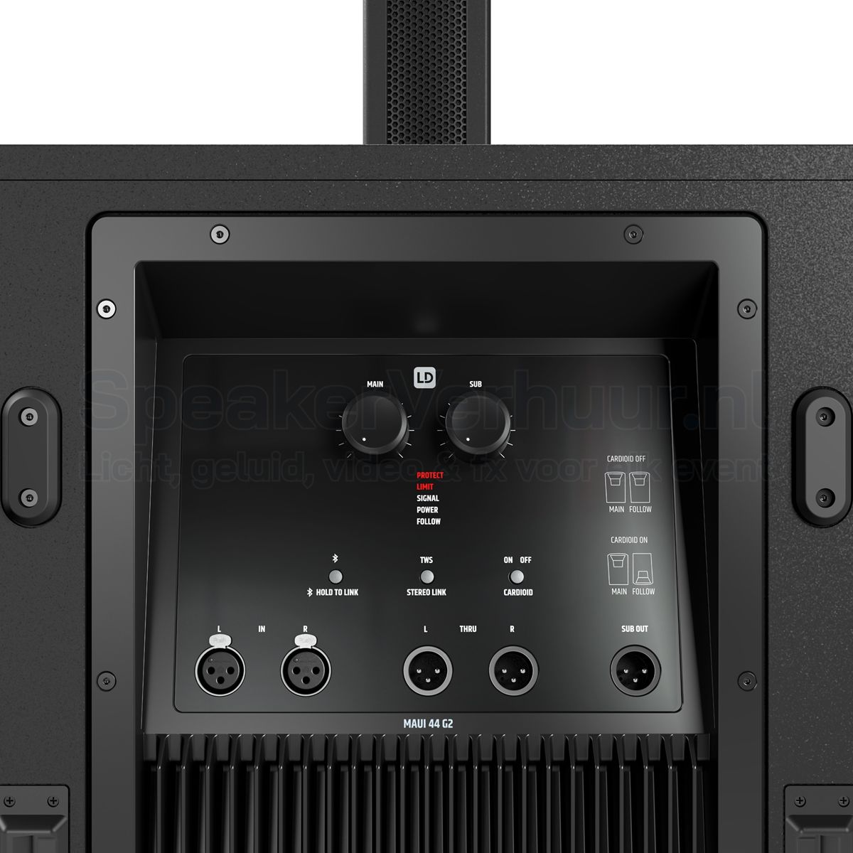 LD Systems MAUI 44 G2 aansluitingen huren | SpeakerVerhuur.nl Aansluitingen van de LD Systems MAUI 44 G2 met XLR-ingangen, XLR-uitgangen, subwoofer-uitgang, Bluetooth en PowerCON-aansluiting.