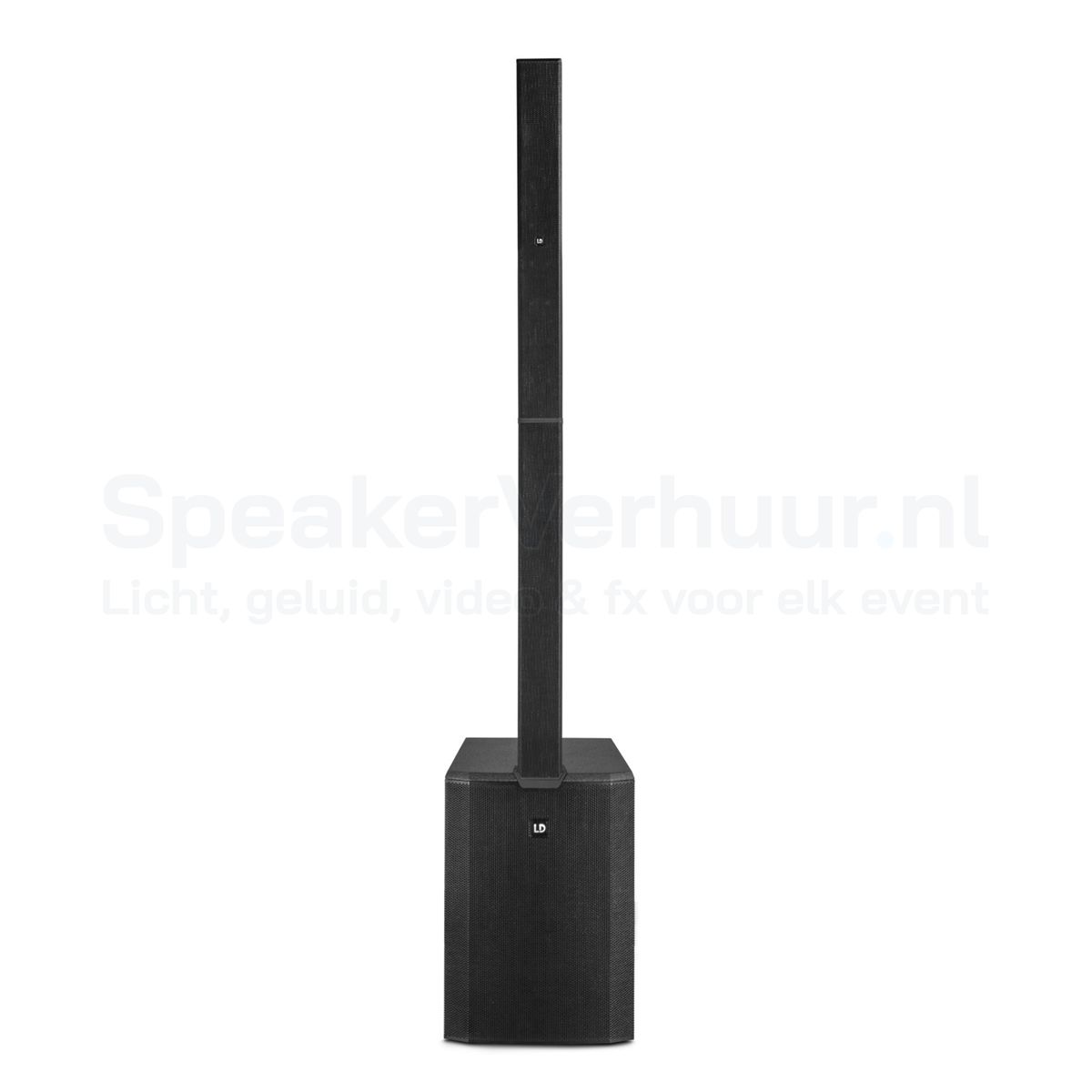 LD Systems MAUI 44 G2 voorkant huren | SpeakerVerhuur.nl Vooraanzicht van de LD Systems MAUI 44 G2 kolomspeaker met slanke aluminium zuil en krachtige geïntegreerde subwoofer.