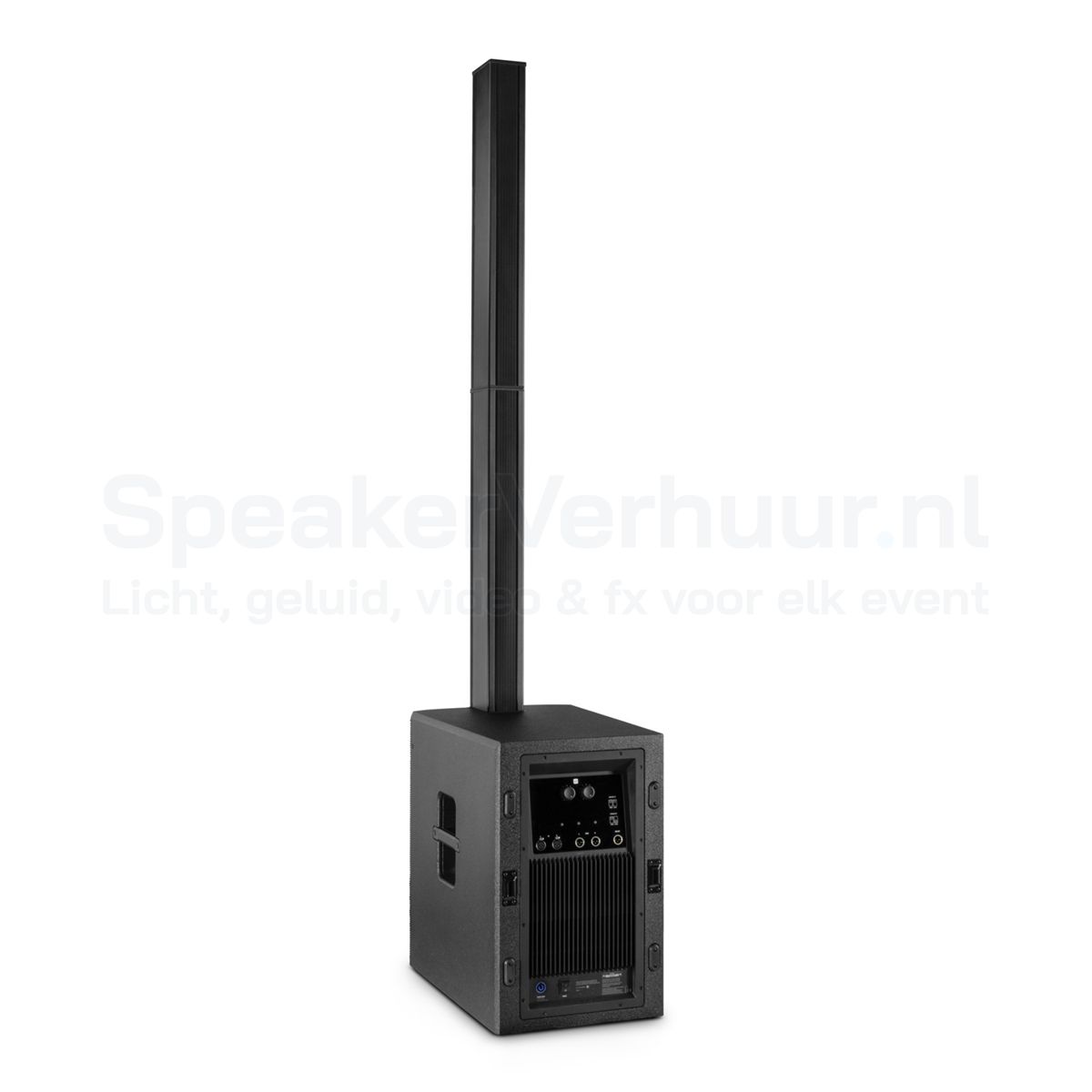LD Systems MAUI 44 G2 zijkant huren | SpeakerVerhuur.nl Zijaanzicht van de LD Systems MAUI 44 G2 actieve kolomspeaker met robuuste houten subwoofer en aluminium kolom.