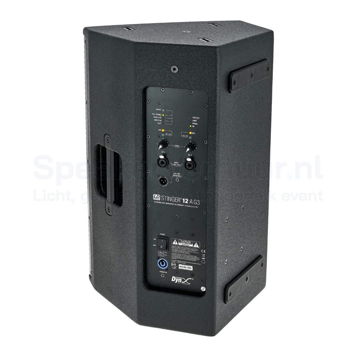 Aansluitingen van de LD Systems Stinger 12A G3 met twee XLR/jack combo-ingangen, XLR-uitgang en PowerCON-stroomaansluiting.