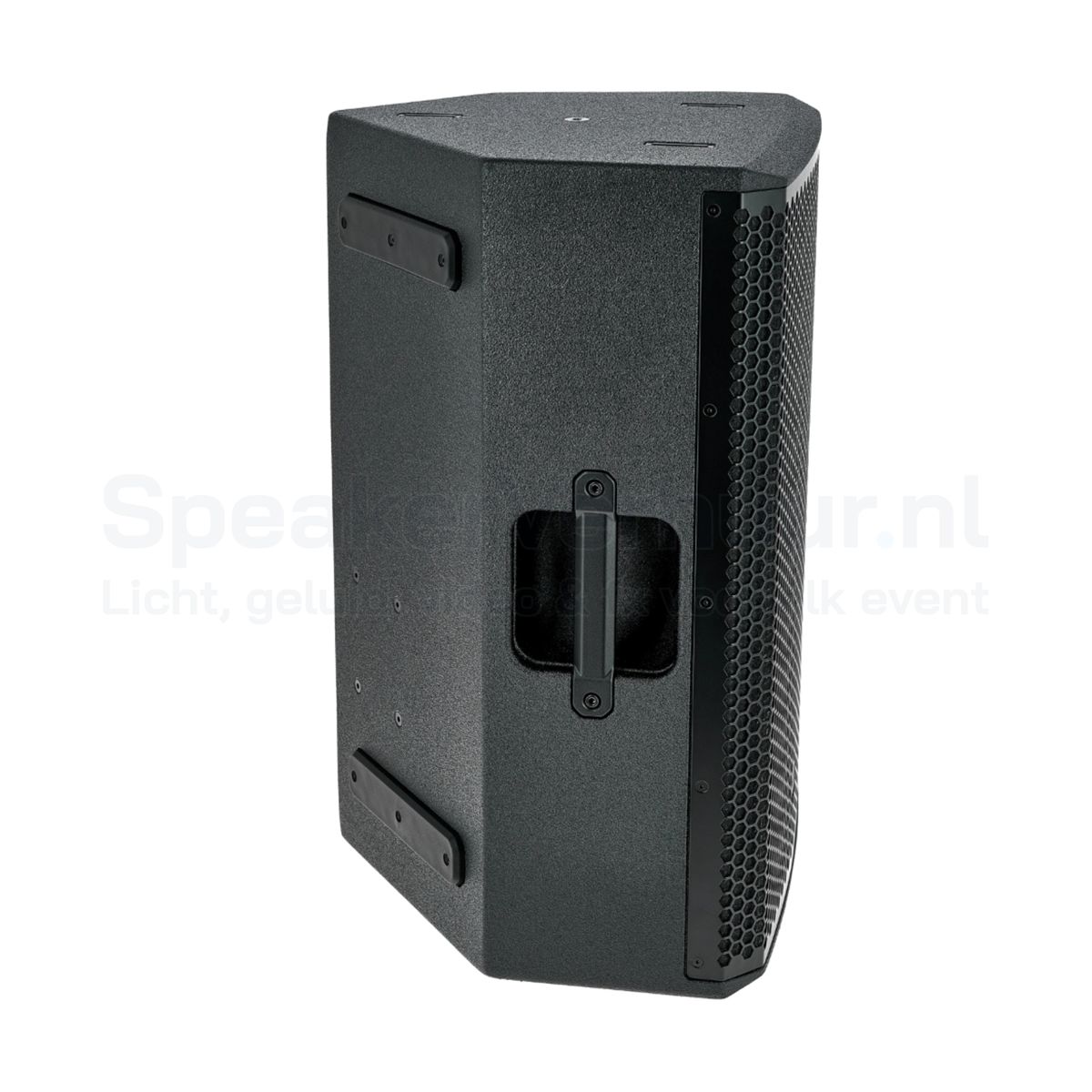 Zijaanzicht van de LD Systems Stinger 12A G3 actieve speaker met robuuste houten behuizing en ergonomische handgreep.