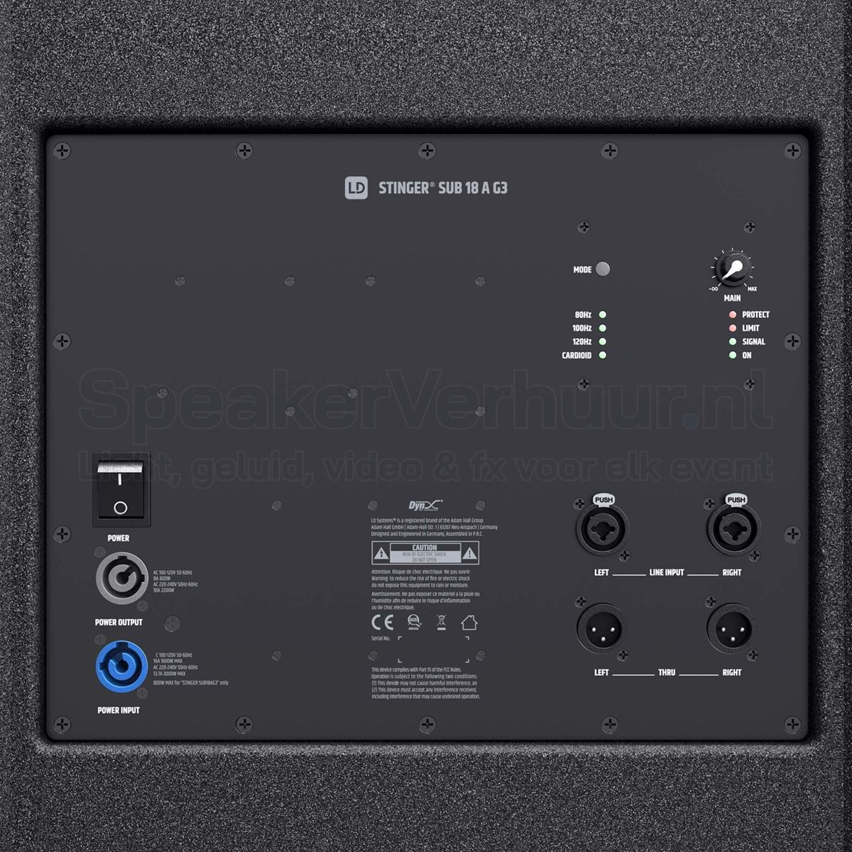 LD Systems Stinger Sub 18A G3 aansluitingen huren | SpeakerVerhuur.nl Aansluitingen van de LD Systems Stinger Sub 18A G3 met twee combi-ingangen, twee XLR-uitgangen, DSP-instellingen en PowerCON-aansluitingen.