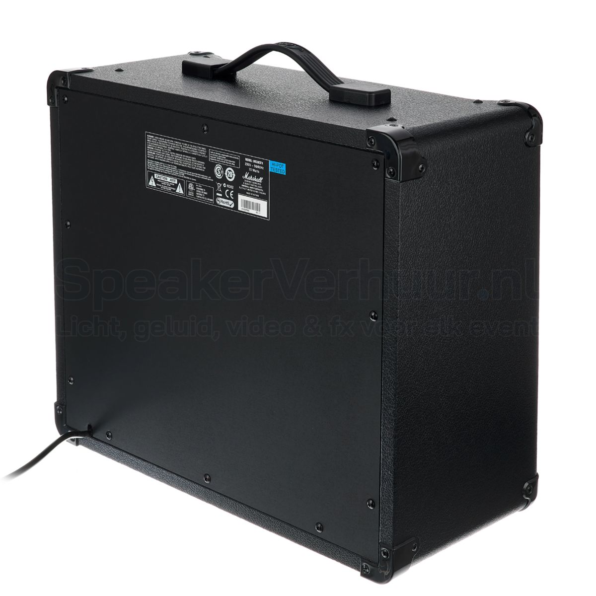 Marshall MG30GFX achterkant huren | SpeakerVerhuur.nl Achterzijde van de Marshall MG30GFX gitaarversterker met ventilatie, aansluitingen en robuuste behuizing.