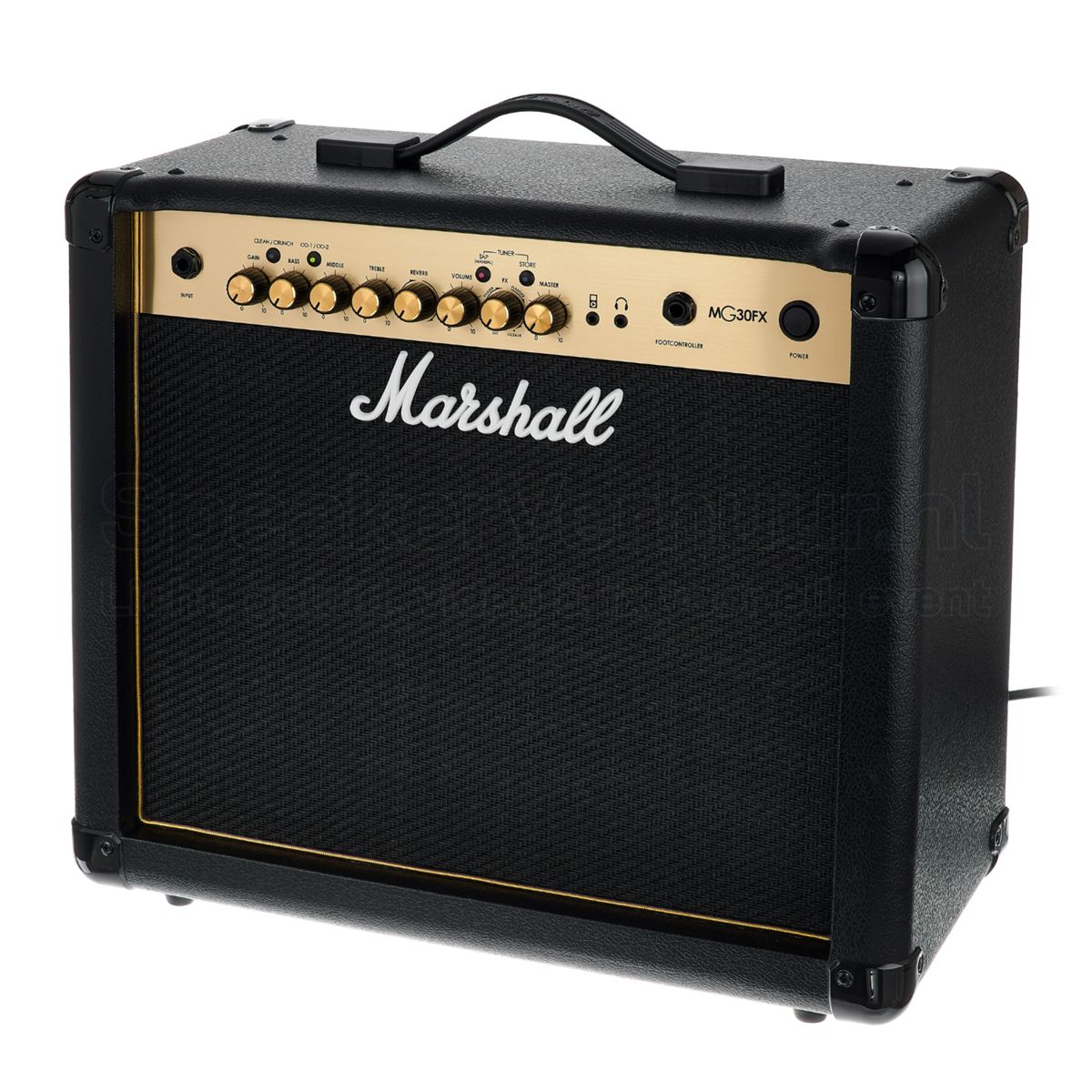 Marshall MG30GFX bediening huren | SpeakerVerhuur.nl Bovenpaneel van de Marshall MG30GFX met gain, EQ, effecten, reverb en kanaalbediening voor optimale controle over het geluid.