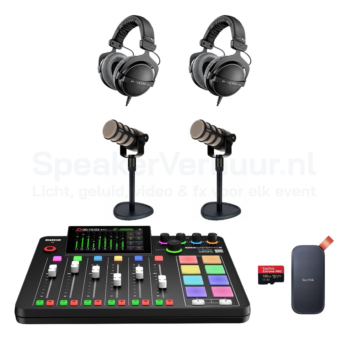 Podcast Set 2 Personen Rode PodMic Huren | Professionele Podcast Set | SpeakerVerhuur.nl Podcast set voor 2 personen met Rode PodMic huren inclusief professionele microfoons, audio-interface en accessoires voor hoogwaardige opnames
