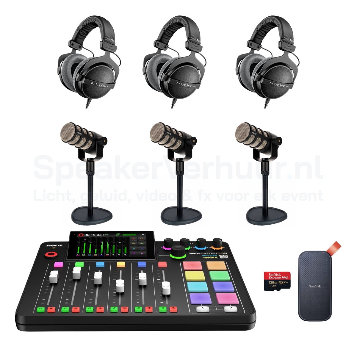 Podcast Set 3 Personen Rode PodMic Huren | Professionele Podcast Set | SpeakerVerhuur.nl Podcast set voor 3 personen met Rode PodMic huren inclusief professionele microfoons, audio-interface en accessoires voor hoogwaardige opnames