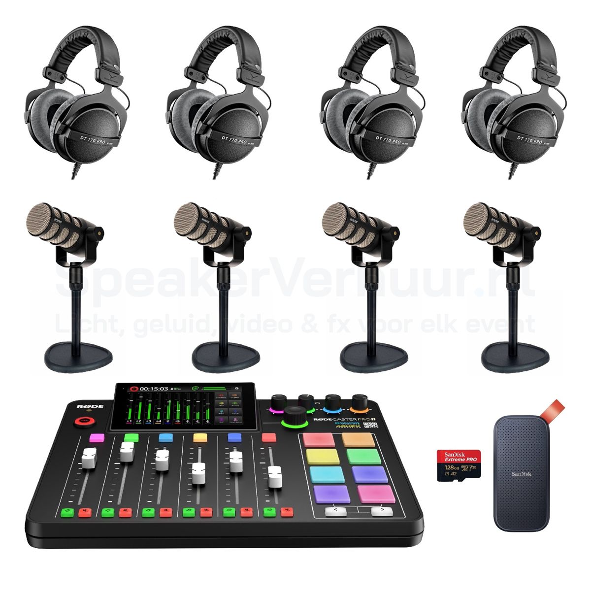 Podcast Set 4 Personen Rode PodMic Huren | Professionele Podcast Set | SpeakerVerhuur.nl Podcast set voor 4 personen met Rode PodMic huren inclusief professionele microfoons, audio-interface en accessoires voor hoogwaardige opnames