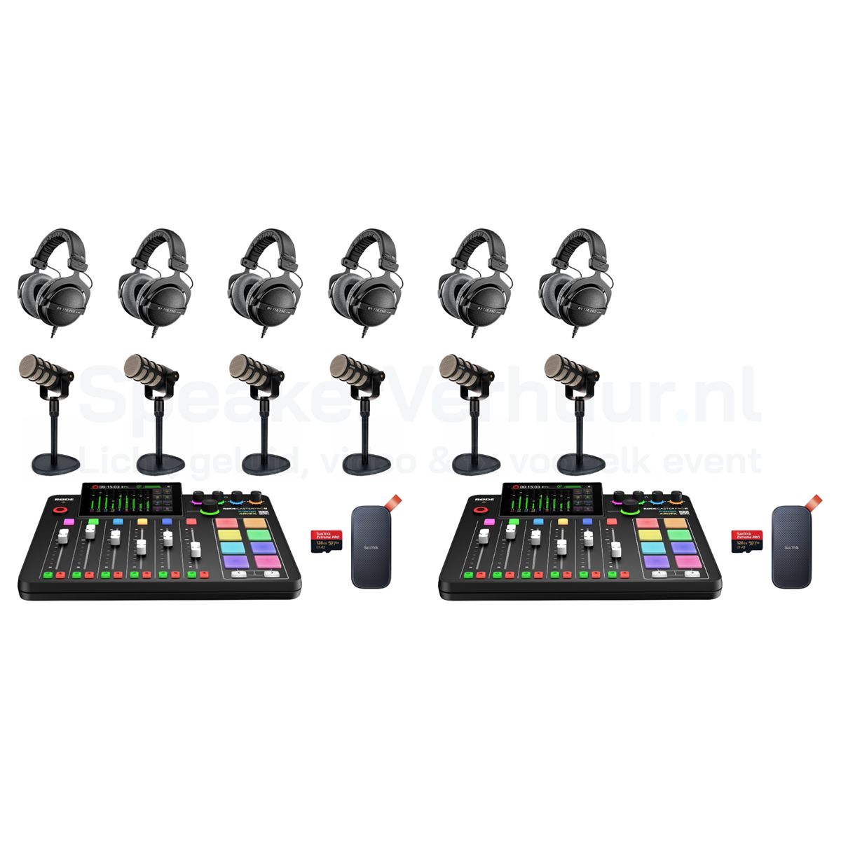Podcast set voor 6 personen met Rode PodMic huren inclusief 2x RodeCaster Pro II, professionele microfoons en accessoires voor hoogwaardige opnames