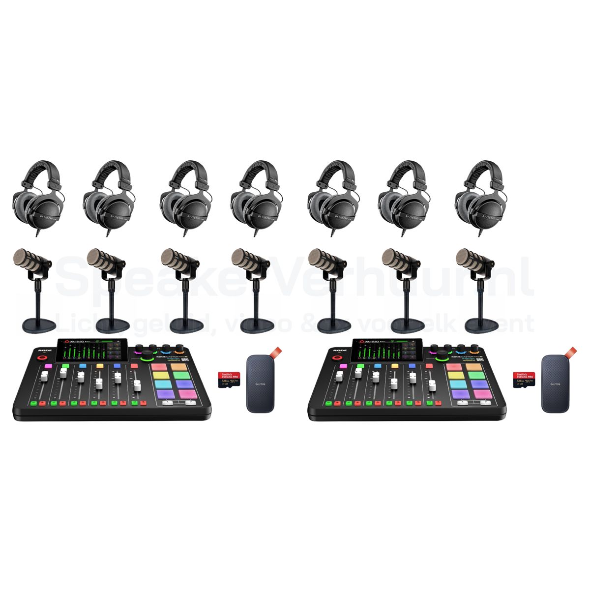 Podcast set voor 7 personen met Rode PodMic huren inclusief 2x RodeCaster Pro II, professionele microfoons en accessoires voor hoogwaardige opnames