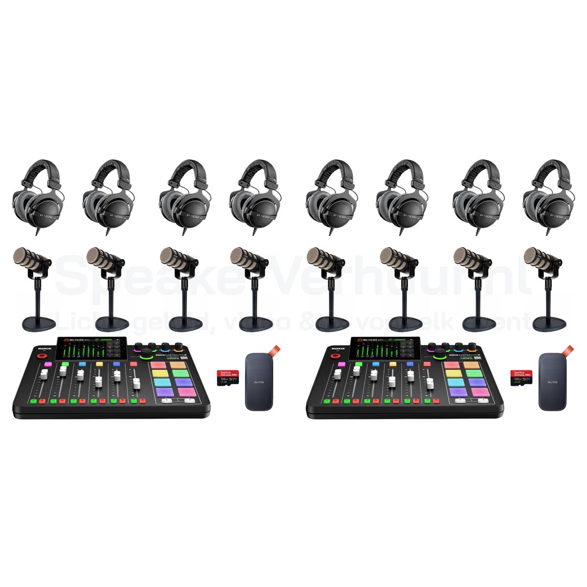 Podcast set voor 8 personen met Rode PodMic huren inclusief 2x RodeCaster Pro II, professionele microfoons en accessoires voor hoogwaardige opnames