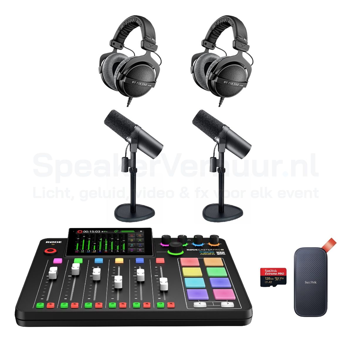 Podcast Set Pro 2 Personen Huren | Professionele Podcast Apparatuur | SpeakerVerhuur.nl Podcast set Pro voor 2 personen huren met professionele microfoons, audio-interface en accessoires voor hoogwaardige opnames