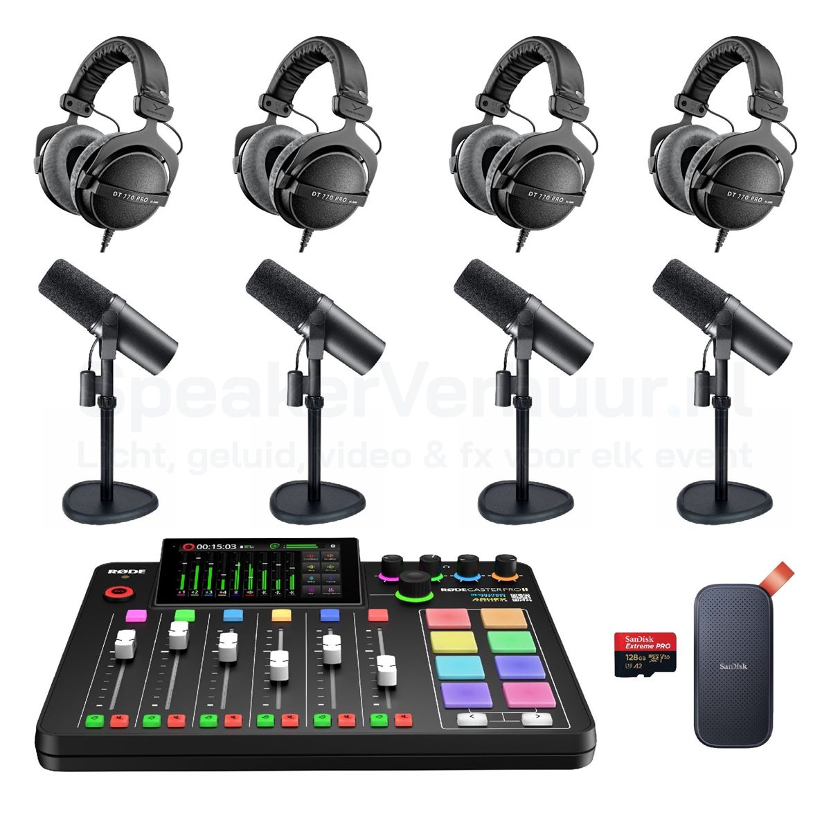 Podcast Set Pro 4 Personen Huren | Professionele Podcast Apparatuur | SpeakerVerhuur.nl Podcast set Pro voor 4 personen huren met professionele microfoons, audio-interface en accessoires voor hoogwaardige opnames