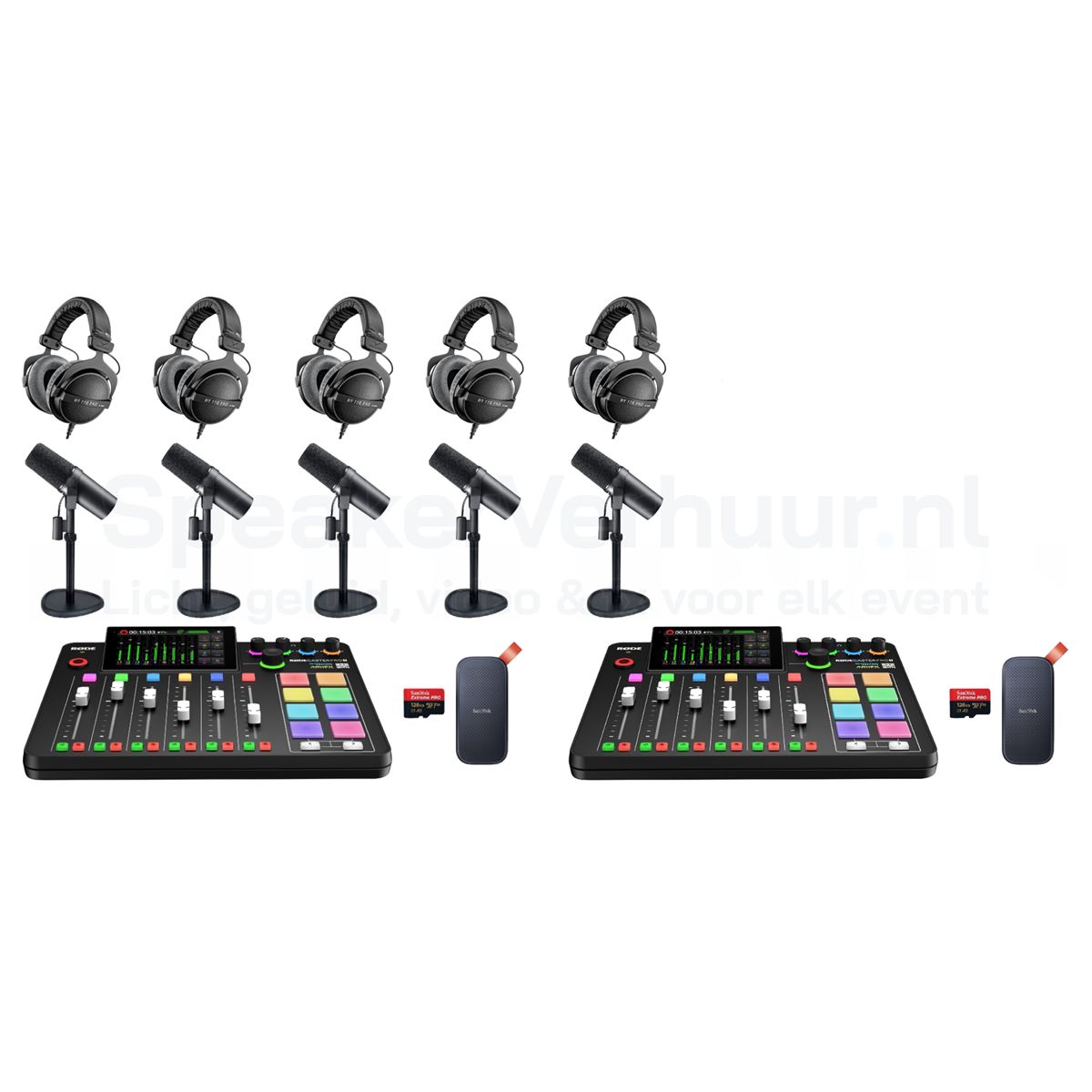 Podcast set Pro voor 5 personen huren met professionele microfoons, audio-interface en accessoires voor hoogwaardige opnames