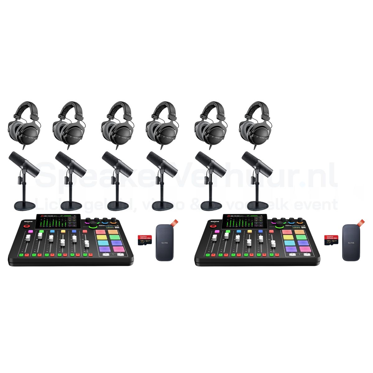 Podcast set Pro voor 6 personen huren met professionele microfoons, audio-interface en accessoires voor hoogwaardige opnames