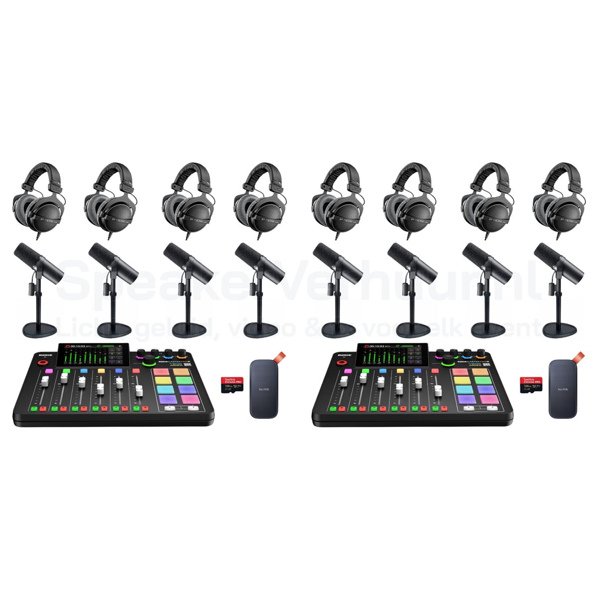 Podcast set Pro voor 8 personen huren met professionele microfoons, audio-interface en accessoires voor hoogwaardige opnames