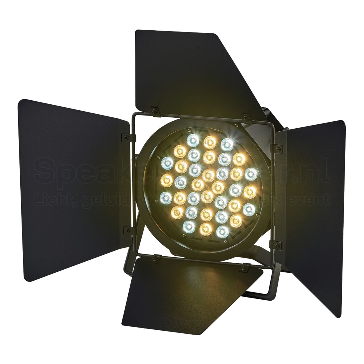 Podium verlichting spot voorkant huren | SpeakerVerhuur.nl Vooraanzicht van een professionele podium verlichting spot met krachtige LED-lichtbron voor concerten, evenementen en theatervoorstellingen.