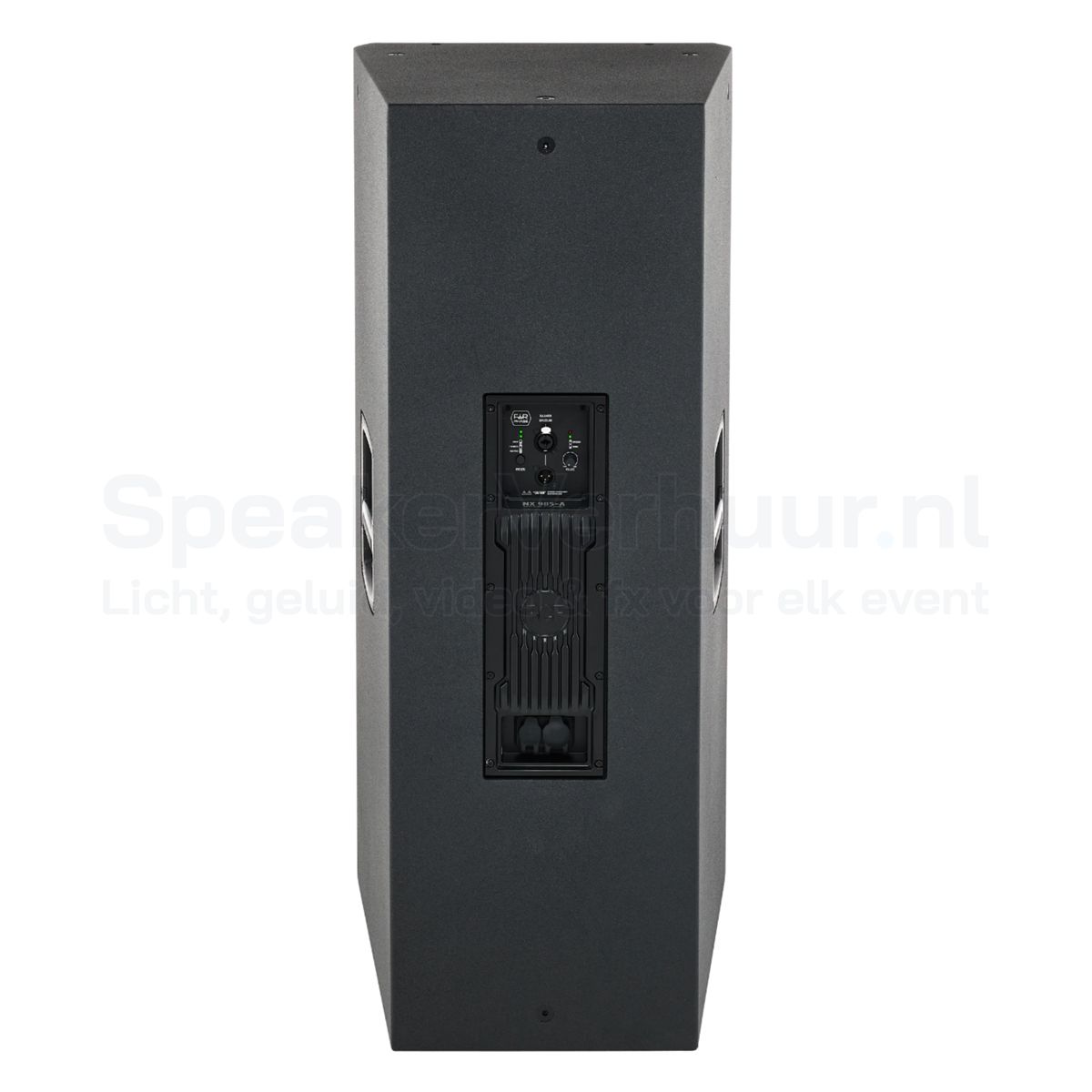 Aansluitingen van de RCF NX 985-A met combo XLR/jack-ingang, XLR-uitgang, DSP-instellingen en PowerCON TRUE1 TOP aansluitingen.