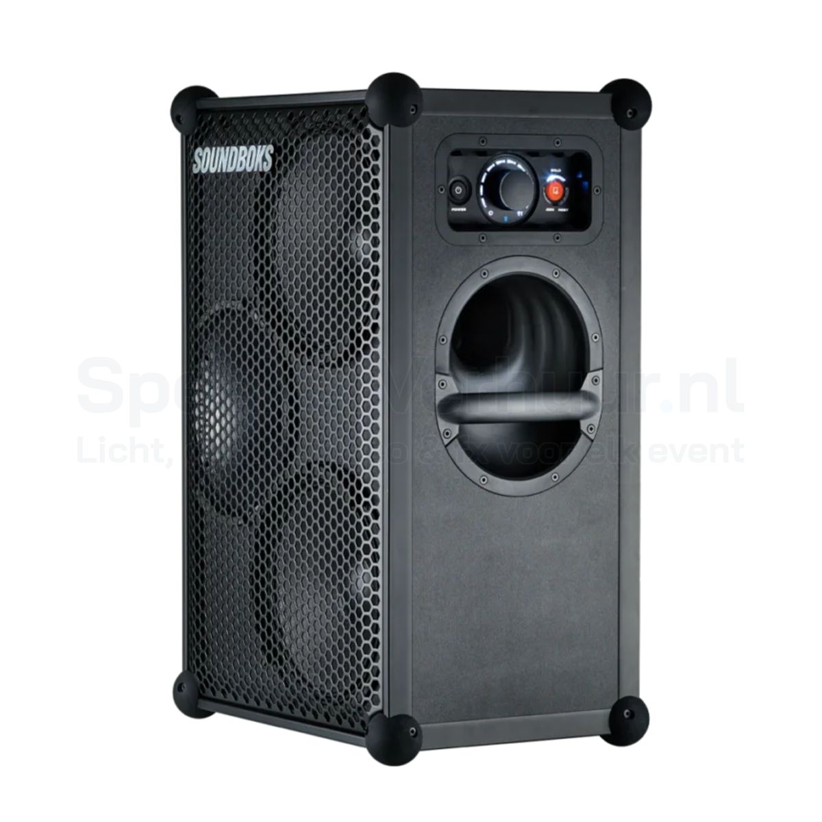 Bovenzijde van de Soundboks 3 met bedieningsknoppen voor volume, Bluetooth-koppeling en geluidsinstellingen.