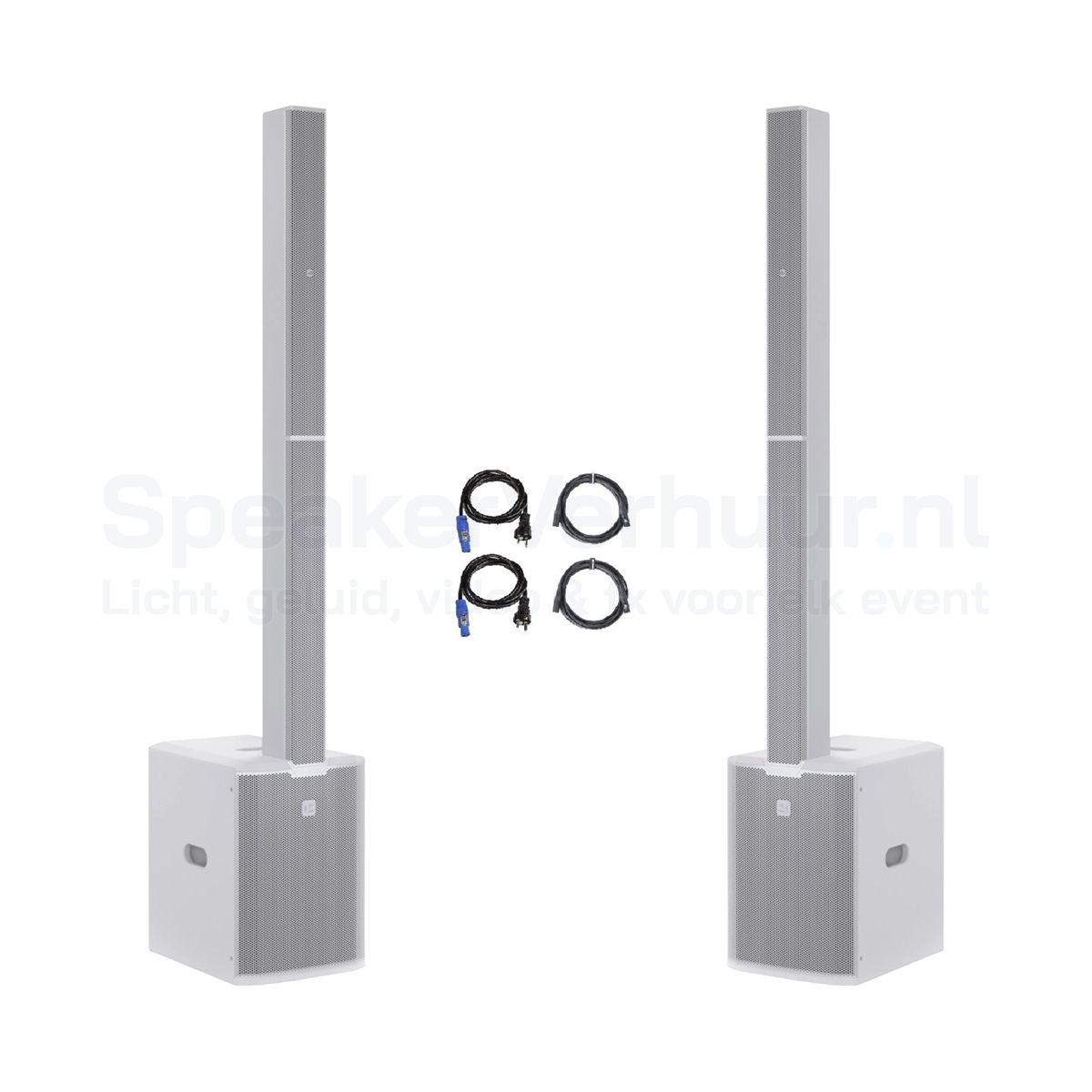 Witte speakerset voor 100 personen huren inclusief professionele speakers, statieven en alle benodigde bekabeling voor feesten, bruiloften en evenementen