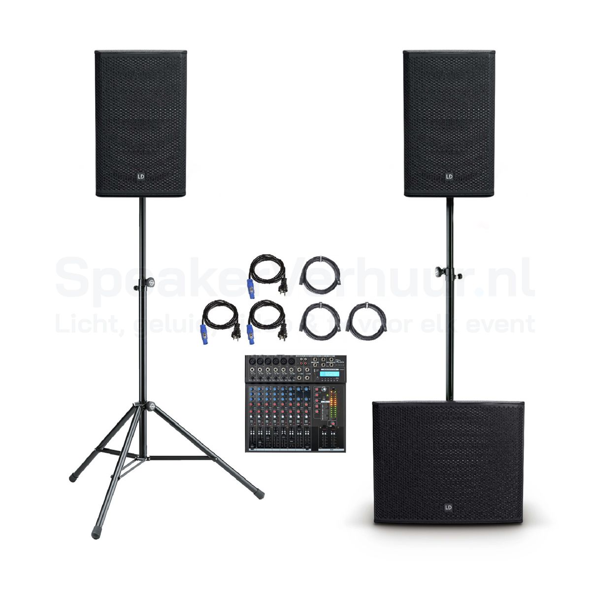 Speakerset voor 125 personen met Bluetooth mengpaneel huren voor feesten, presentaties en evenementen