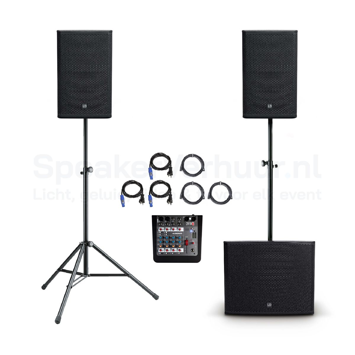 Speakerset voor 125 personen met professionele mixer huren voor feesten, presentaties en evenementen