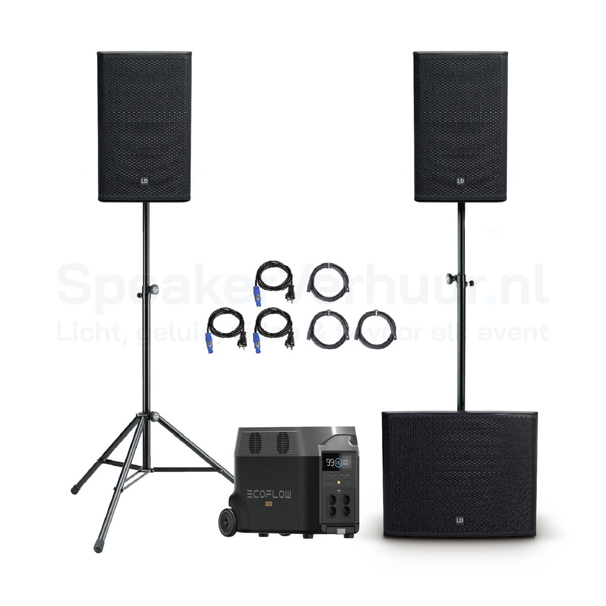 Speakerset voor 125 personen op accu huren met draadloos geluid voor evenementen zonder stroomvoorziening