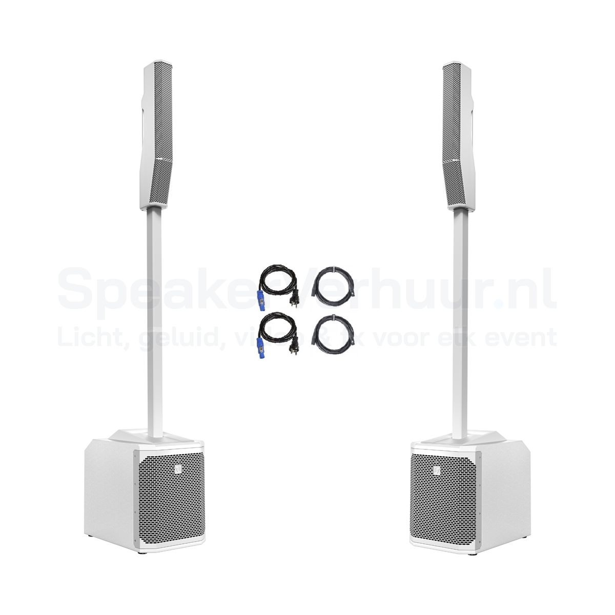Witte speakerset voor 60 personen huren. De EV Evolve 30M levert helder geluid en een strak design, ideaal voor bruiloften, ceremonies, presentaties en stijlvolle evenementen. De set beschikt over een 10 inch subwoofer, 1000 watt vermogen en een ingebouwde digitale mixer met Bluetooth.