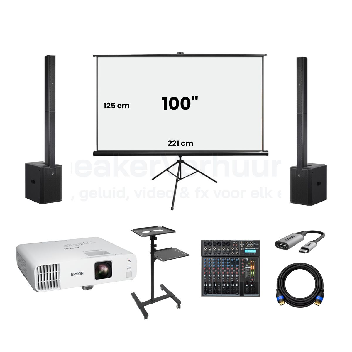 Beamer met Projectiescherm en Geluid Huren | 100 Inch | 4500 Lumen | SpeakerVerhuur.nl Beamer met 100 inch projectiescherm en geluid huren inclusief 4500 lumen projector voor presentaties, films, evenementen en zakelijke bijeenkomsten