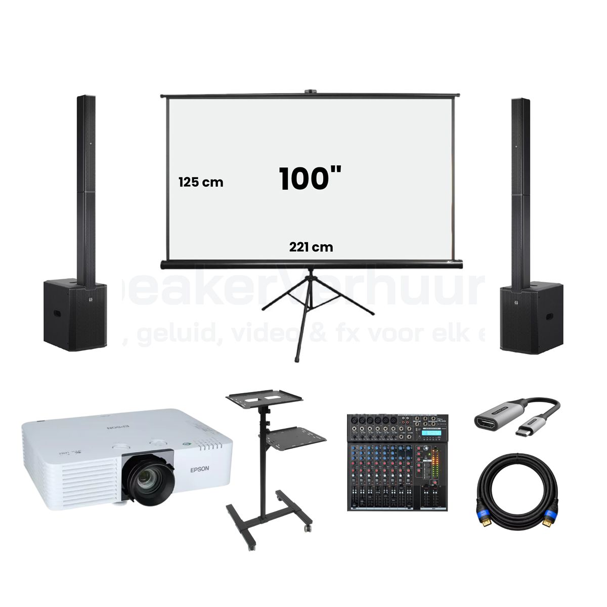 Beamer met Projectiescherm en Geluid Huren | 100 Inch | 6200 Lumen | SpeakerVerhuur.nl Beamer met 100 inch projectiescherm en geluid huren inclusief 6200 lumen projector voor presentaties, films, evenementen en zakelijke bijeenkomsten