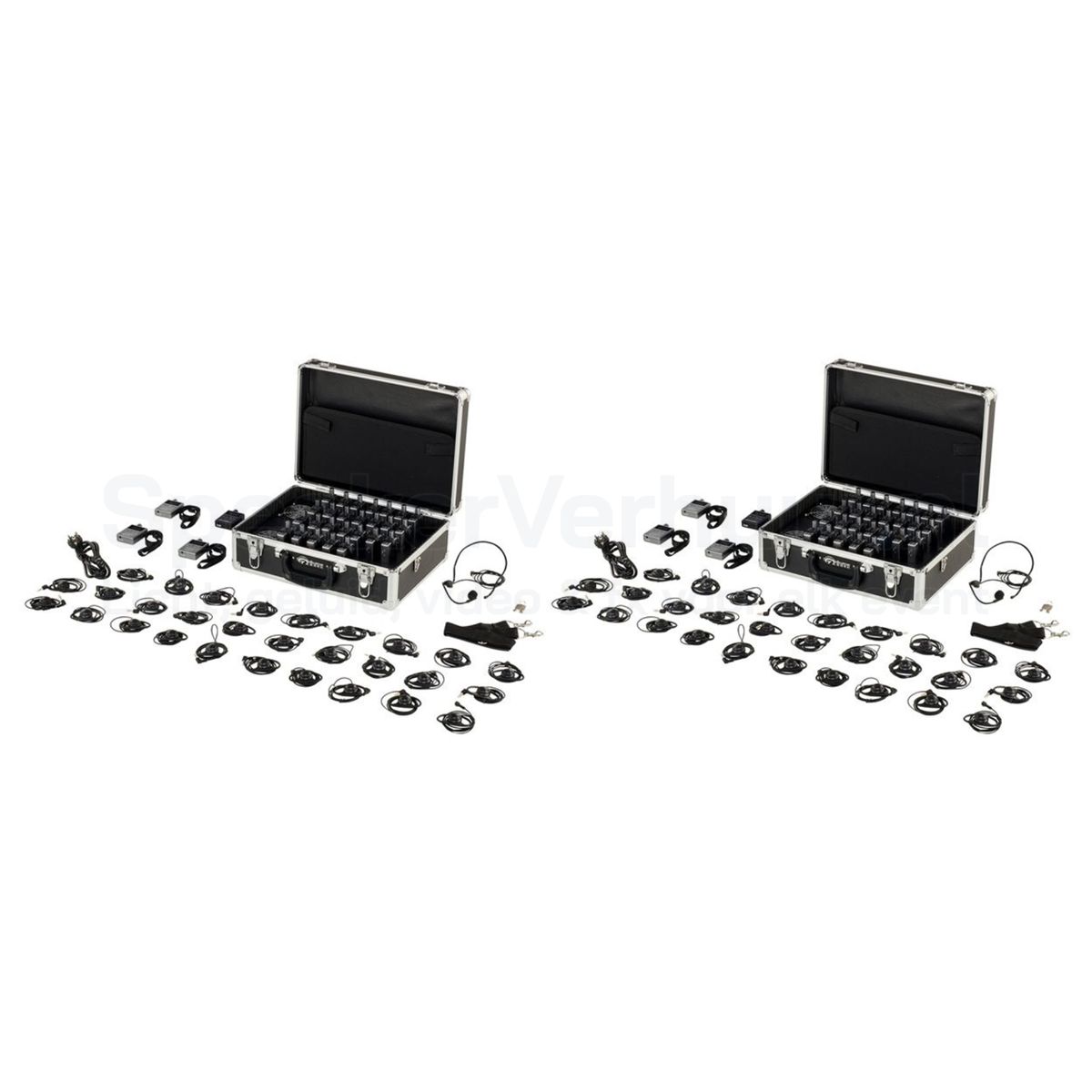 Fluisterset voor 60 personen huren inclusief transport- en oplaadkoffers, zender, ontvangers en headsets voor rondleidingen, presentaties en evenementen.
