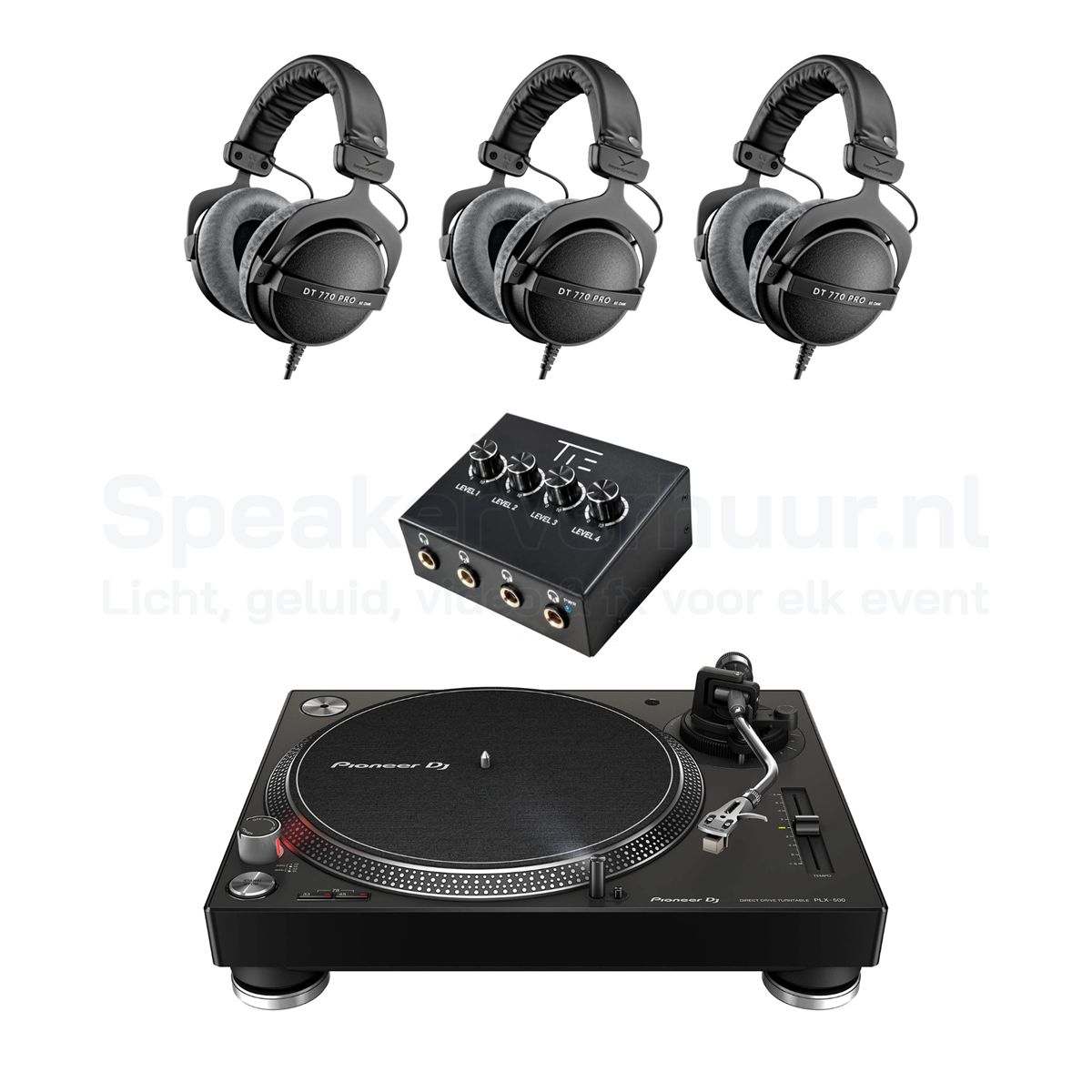 Vinyl Platenspeler Luisterset 3 Personen Huren | Complete Vinyl Luisterset | SpeakerVerhuur.nl Vinyl platenspeler luisterset voor 3 personen huren inclusief draaitafel, koptelefoons en hoogwaardige audioapparatuur