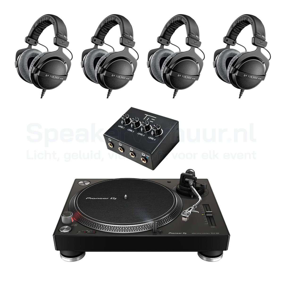 Vinyl Platenspeler Luisterset 4 Personen Huren | Complete Vinyl Luisterset | SpeakerVerhuur.nl Vinyl platenspeler luisterset voor 4 personen huren inclusief draaitafel, koptelefoons en hoogwaardige audioapparatuur