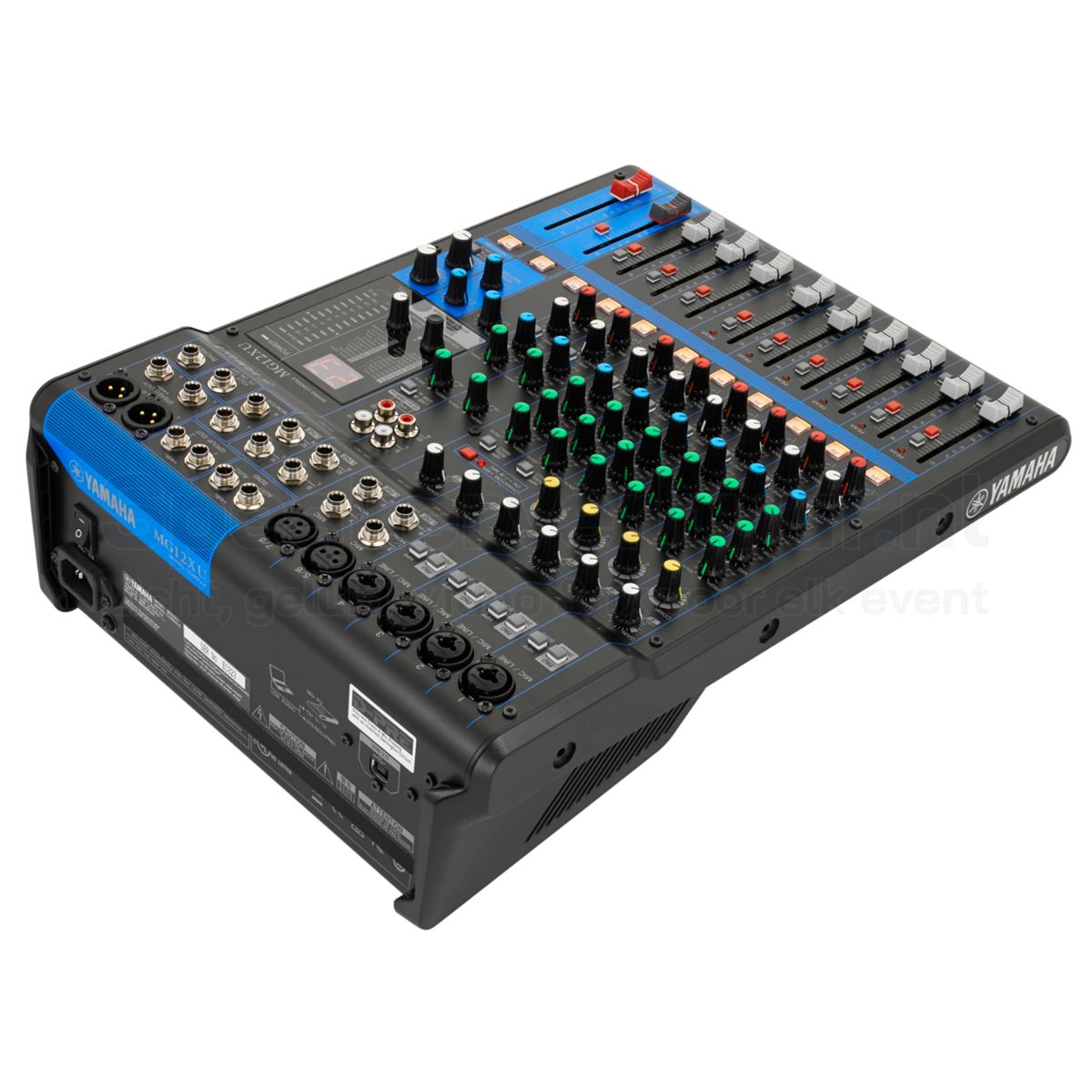 Achterzijde van de Yamaha MG12XU met USB-aansluiting, XLR-uitgangen en netvoeding voor professioneel live gebruik.