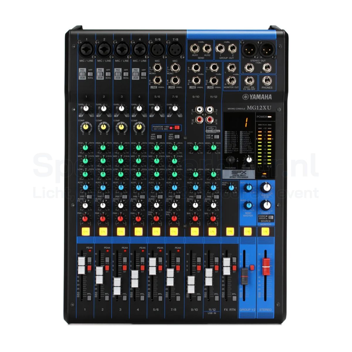 Yamaha MG12XU live mengpaneel huren met 12 kanalen, ingebouwde SPX-effecten, USB-audio-interface en professionele D-PRE microfoonvoorversterkers voor live geluid, evenementen en opnames.