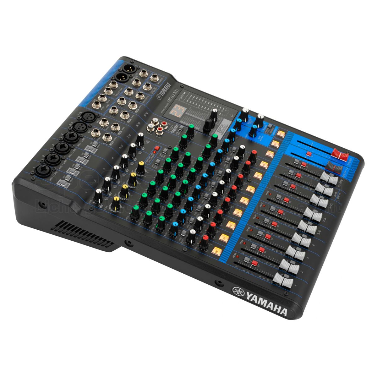 Vooraanzicht van de Yamaha MG12XU live mixer met overzichtelijke kanaalfaders, equalizers en professionele bediening.