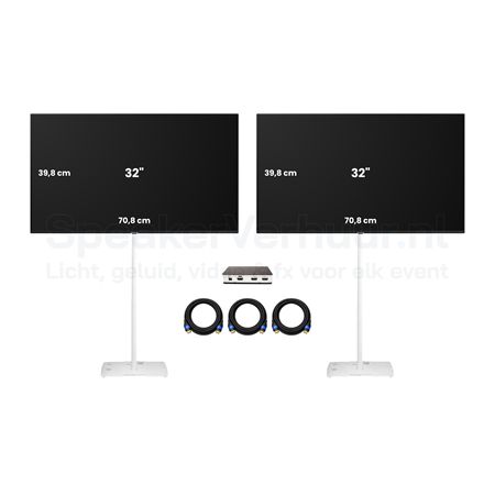 2x 32 Inch TV Scherm Set Wit Huren | Professionele Displays | SpeakerVerhuur.nl 2x 32 inch TV scherm set op witte standaarden huren voor presentaties, beurzen, evenementen en vergaderingen