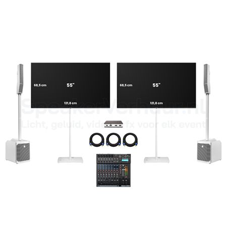 2x 55 Inch TV Scherm Set Wit met Geluid Huren | Professionele Displays | SpeakerVerhuur.nl 2x 55 inch TV scherm set op witte standaarden met geluid huren voor presentaties, beurzen, evenementen en vergaderingen