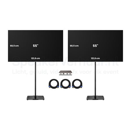 2x 55 Inch TV Scherm Set Zwart Huren | Professionele Displays | SpeakerVerhuur.nl 2x 55 inch TV scherm set op zwarte standaarden huren voor presentaties, beurzen, evenementen en vergaderingen