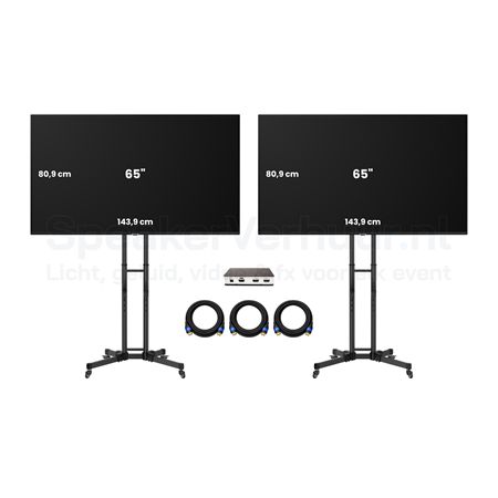 2x 65 Inch TV Scherm Set op Verrijdbare Standaard Huren | Professionele Displays | SpeakerVerhuur.nl 2x 65 inch TV scherm set op verrijdbare standaarden huren voor presentaties, beurzen, evenementen en vergaderingen