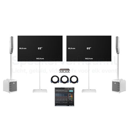 2x 65 Inch TV Scherm Set Wit met Geluid Huren | Professionele Displays | SpeakerVerhuur.nl 2x 65 inch TV scherm set op witte standaarden met geluid huren voor presentaties, beurzen, evenementen en vergaderingen